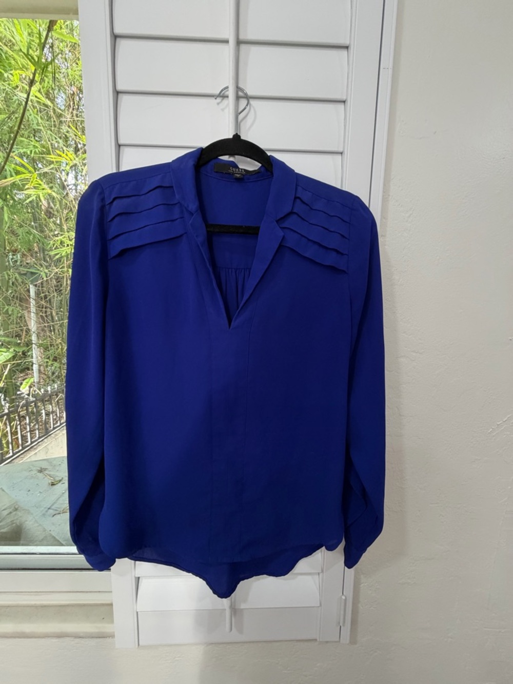 GUESS Cobalt Blue Pleated Shoulder V-Neck Blouse